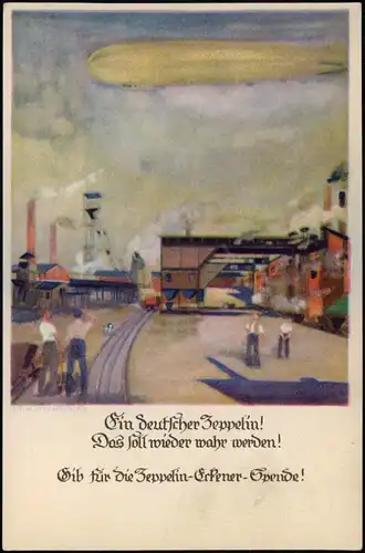 Ansichtskarte  Flugwesen - Zeppelin über Fabrikanlage Künstlerkarte 1929