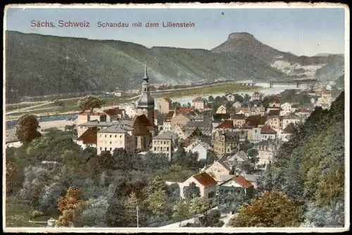 Ansichtskarte Bad Schandau Stadt mit Lilienstein 1914  gel. Stempel Bastei