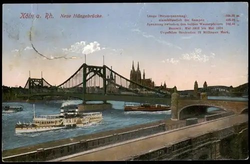 Ansichtskarte Köln Hängebrücke, Dampfer 1916