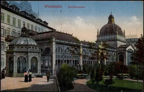 Ansichtskarte Wiesbaden Kochbrunnen mit Hotel 1921