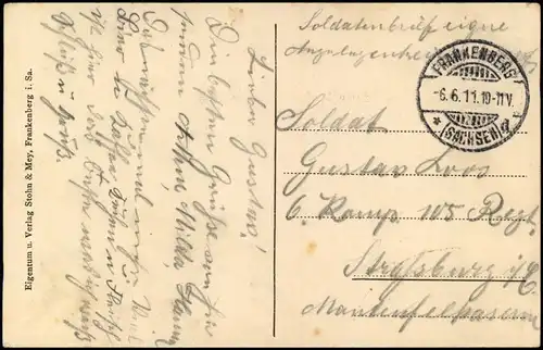 Ansichtskarte Frankenberg Sachsen Partie im Lützeltal 1911  gel. Soldatenbrief
