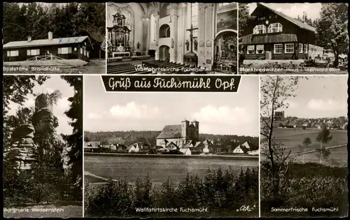 Ansichtskarte Fuchsmühl Gaststätte, Umland, Kirche 1962