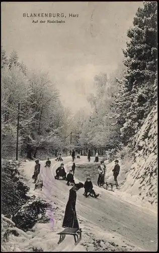 Ansichtskarte Blankenburg Harz Auf der Rodelbahn Winter 1909 
 Bahnpoststempel