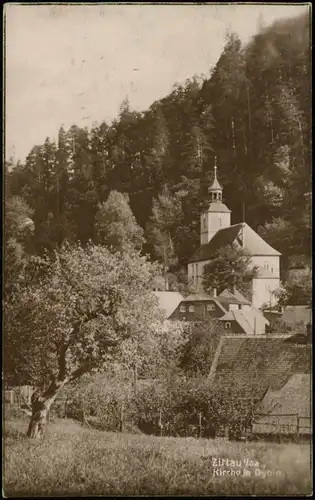 Ansichtskarte Lückendorf-Oybin Partie an der Kirche 1924