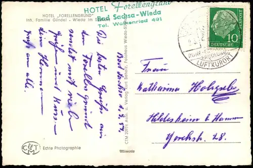 Ansichtskarte Wieda (Harz) Hotel Forellengrund 1957