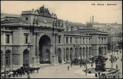 Ansichtskarte Zürich Hauptbahnhof, Kutschen - Straßenbahn 1918