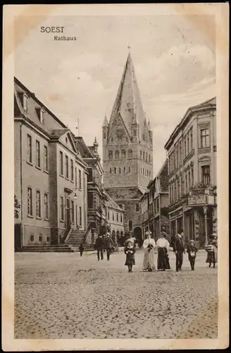 Ansichtskarte Soest Rathaus, Straßenpartie 1917