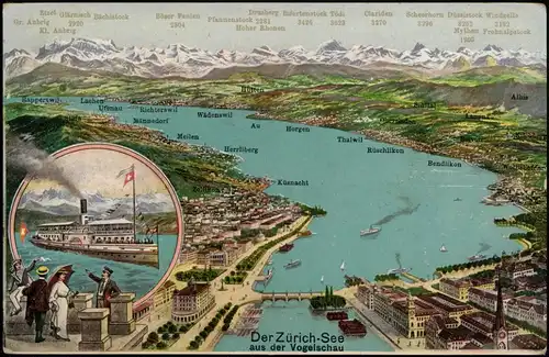 Zürich Aus der Vogelschau - Zürisee / Zürichsee Dampfer 2 Bild 1909