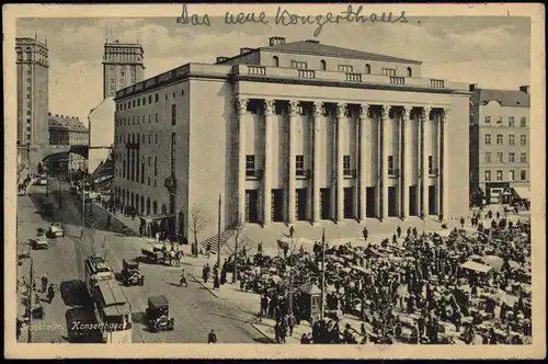 Postcard Stockholm Konserthuse, Markttreiben 1936