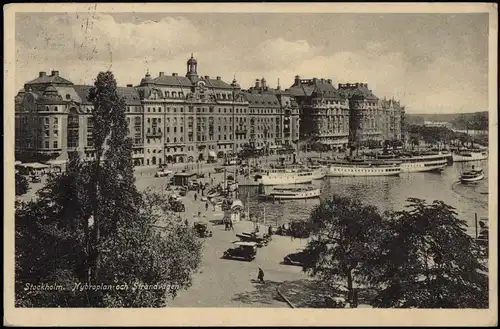 Postcard Stockholm Nybroplan och Strandvägen - Dampfer 1927