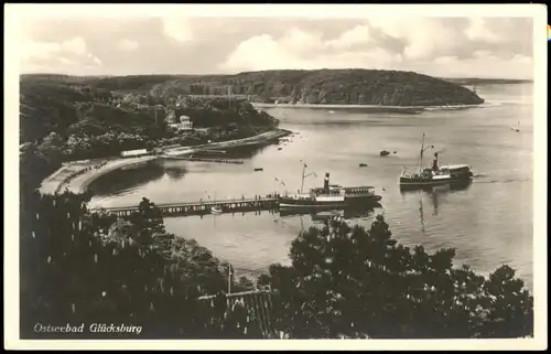 Ansichtskarte Glücksburg (Ostsee) Lyksborg Strand, Hafen, Dampfer 1932