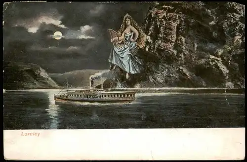 St. Goarshausen Loreleyfelsen am Rhein bei Nacht Frau und Dampfer 1912