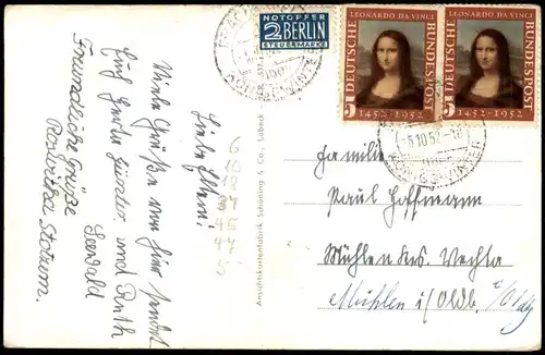 Königswinter Siebengebirge Rheindampfer 1952  gel. Mona Lisa Bund 2x5Pfg 148