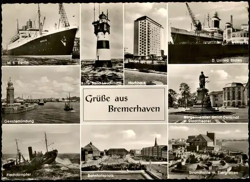 Ansichtskarte Bremerhaven Dampfer, Hochhaus, Dischdampfer, Bahnhof uvm 1959