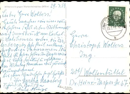 Ansichtskarte Mittenwald Mittenwald gegen Wettersteinspitze (2478 m) 1956