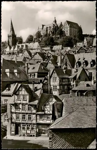 Ansichtskarte Marburg an der Lahn Fachwerkhäuser, Burg 1958