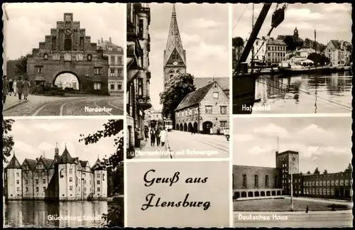 Ansichtskarte Flensburg Nordertor, Straße, Hafenbild uvm 1958
