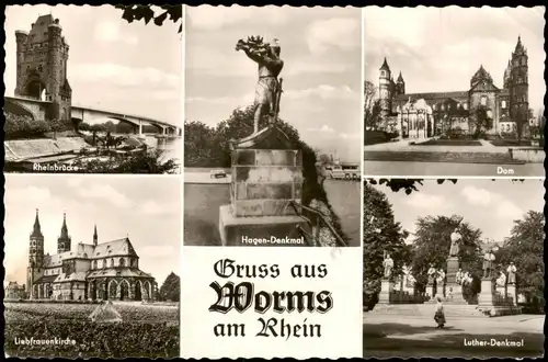 Ansichtskarte Worms Rheinbrücke, Dom, Hagen-Denkmal 1961