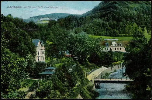 Postcard Karlsbad Karlovy Vary Partie bei Café Schönbrunn. 1913