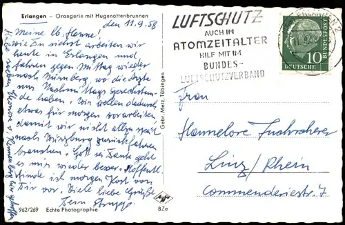 Ansichtskarte Erlangen Orangerie mit Hugenottenbrunnen 1958