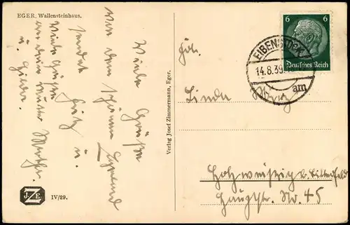 Postcard Eger Cheb Wallensteinhaus, Straßenpartie 1939