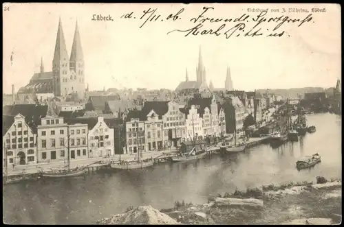 Ansichtskarte Lübeck Stadtpartie, Trave - Schiffe 1906
