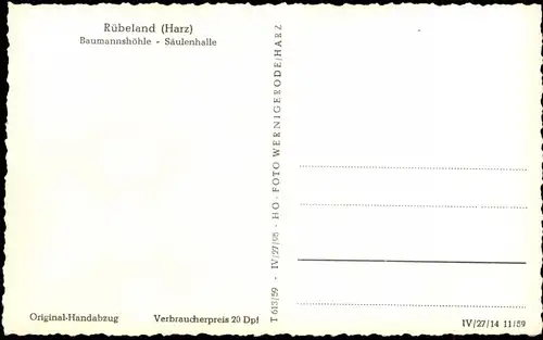 Ansichtskarte Rübeland Baumannshöhle Säulenhalle 1959