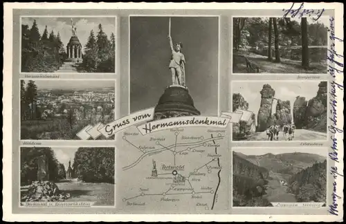 Ansichtskarte Hiddesen-Detmold Hermannsdenkmal mit Ortsansichten 1954