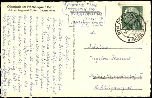 Oberjoch-Bad Hindelang Umlandansichten MB 1957  gel. Landpoststempel Hindelang