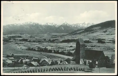 Ansichtskarte Mittelberg-Oy-Mittelberg Kirche und Stadt - Bergkette 1933