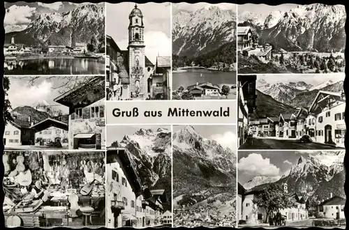 Ansichtskarte Mittenwald Gruß-aus-Mehrbildkarte mit Ortsansichten 1956