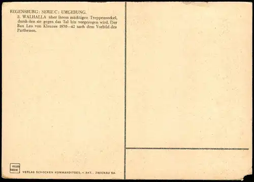 Ansichtskarte Regensburg WALHALLA über ihrem mächtigen Treppensockel 1930