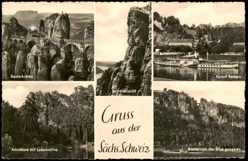 Rathen Basteibrücke, Basteiaussicht, Rathen mit Elbdampfer,  1964