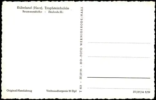 Ansichtskarte Rübeland Harz Tropfsteinhöhle Baumannshöhe Säulenhalle 1959