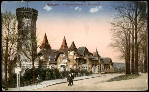 Ansichtskarte Barmen-Wuppertal Kriegerdenkmal u. Stadthalle. 1915