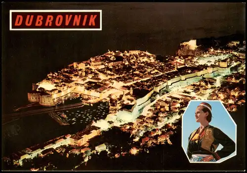 Postcard Ragusa Dubrovnik Luftbild Stadt bei Nacht aus dem Flugzeug 1975