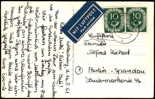 Ansichtskarte Reit im Winkl Taubensee 1951  gel. Luftpost 2x10Pfg Posthorn