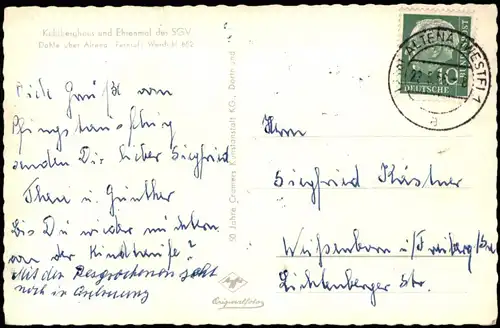 Ansichtskarte Dahle-Altena Kohlberghaus und Ehrenmal SGV 1956