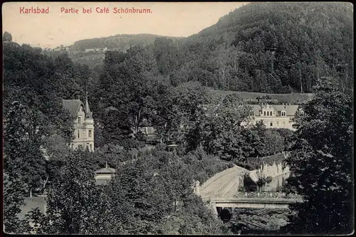Postcard Karlsbad Karlovy Vary Partie bei Café Schönbrunn. 1913