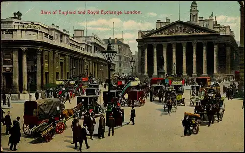 Postcard London Bank of England and Royal Exchange, Kutschen 1916