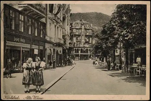 Karlsbad Karlovy Vary Alte Wiese, Mädchen in Tracht - Geschäfte 1940