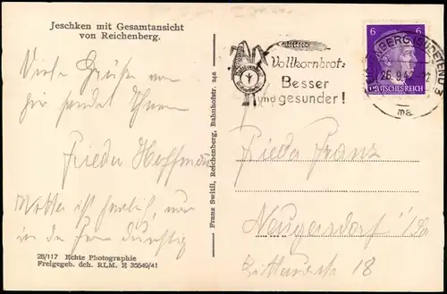 Postcard Reichenberg Liberec Taksperre, Stadt, Jeschken 1942