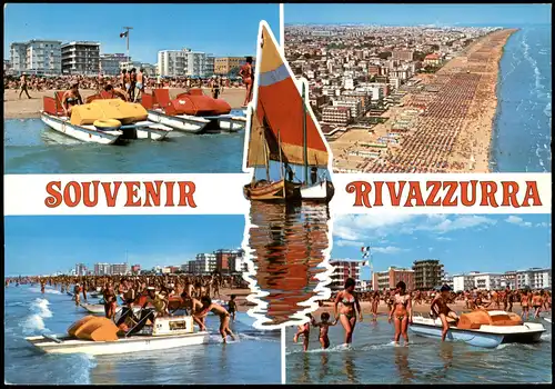 Cartoline Rimini Rivazzurra - Strandleben, Trettboote 1988