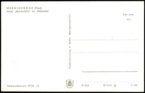 Ansichtskarte Wernigerode Hotel Waldmühle im Mühlental zur DDR-Zeit 1965