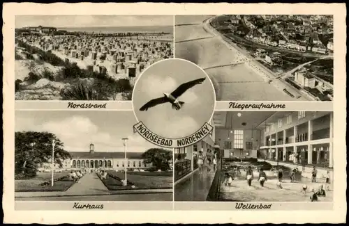 Norderney Mehrbild-AK mit Strand, Kleingolfplatz, Wellenbad 1953