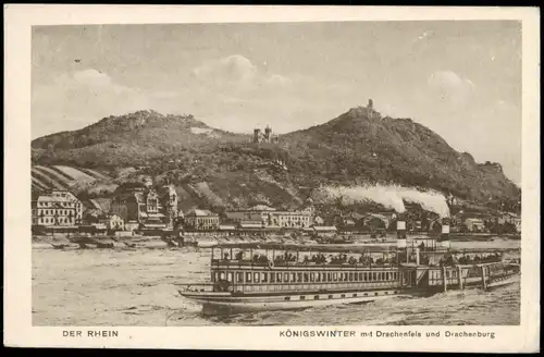 Königswinter Panorama Rhein Schiff, mit Drachenfels und Drachenburg 1921