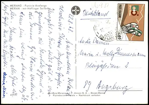 Cartoline Meran Merano mit Haflinger Seilbahn 1968