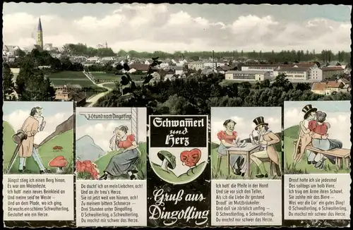 Dingolfing Mehrbild-AK mit Panorama- Illustrationen Schwammerl und Herz 1970