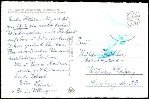Villingen-Schwenningen Alt-Villingerin-Brunnen mit Bickentor und „Bären" 1960