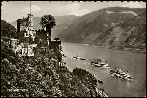 Bingen am Rhein Burg / Schloss Rheinstein Blick auf Rhein Schiffe 1960